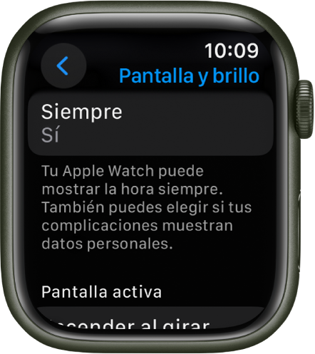 La pantalla Pantalla y brillo mostrando el botón Siempre.