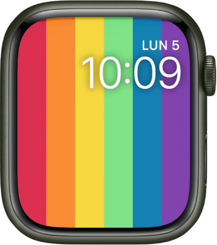 Esfera “Orgullo (Digital)”, con bandas arcoíris verticales y la fecha y la hora arriba a la derecha.