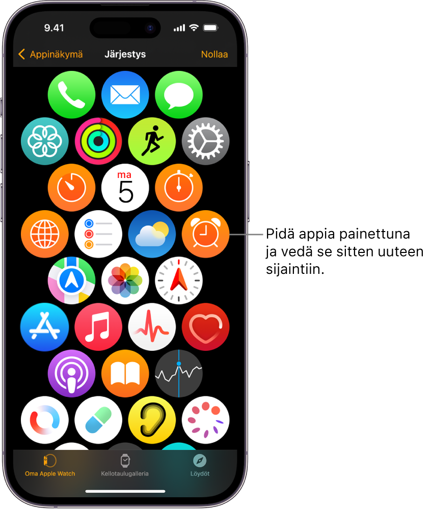 Apple Watch -apissa oleva Järjestys-näyttö, jossa näkyvät kuvakkeet ruudukossa.