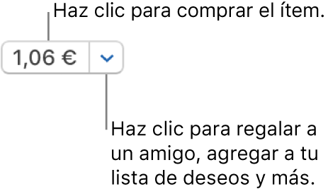 Botón que muestra un precio. Haz clic en el precio para comprar el ítem. Haz clic en la flecha que hay junto al precio para regalar el ítem a otra persona, añadir el ítem a tu lista de deseos, etc.