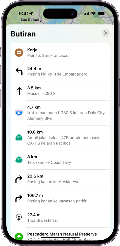 Arah laluan pusingan demi pusingan ditunjukkan dalam senarai.