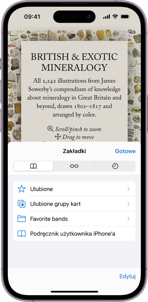 Ekran zakładek z opcjami umożliwiającymi wyświetlanie zakładek, listy czytelnia oraz historii przeglądania.
