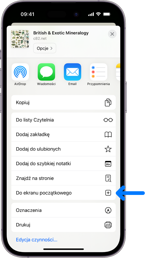 Przycisk udostępniania w witrynie wyświetlonej w Safari, z otwartą listą opcji, w tym Do ekranu początkowego.