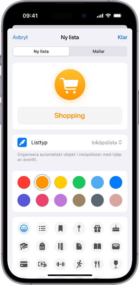 Skärmen för att skapa en ny lista i Påminnelser. Du kan anpassa namn, listtyp, färg och symbol.