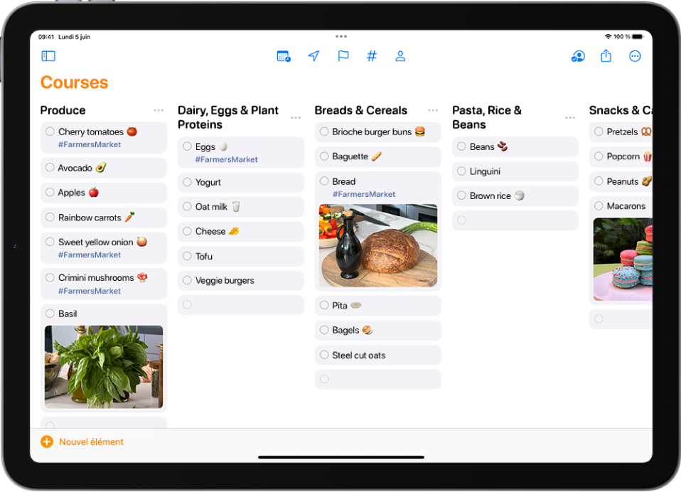Une liste de courses dans Rappels, avec les catégories organisées en colonnes. Le bouton « Nouvel élément » se trouve en bas à gauche.
