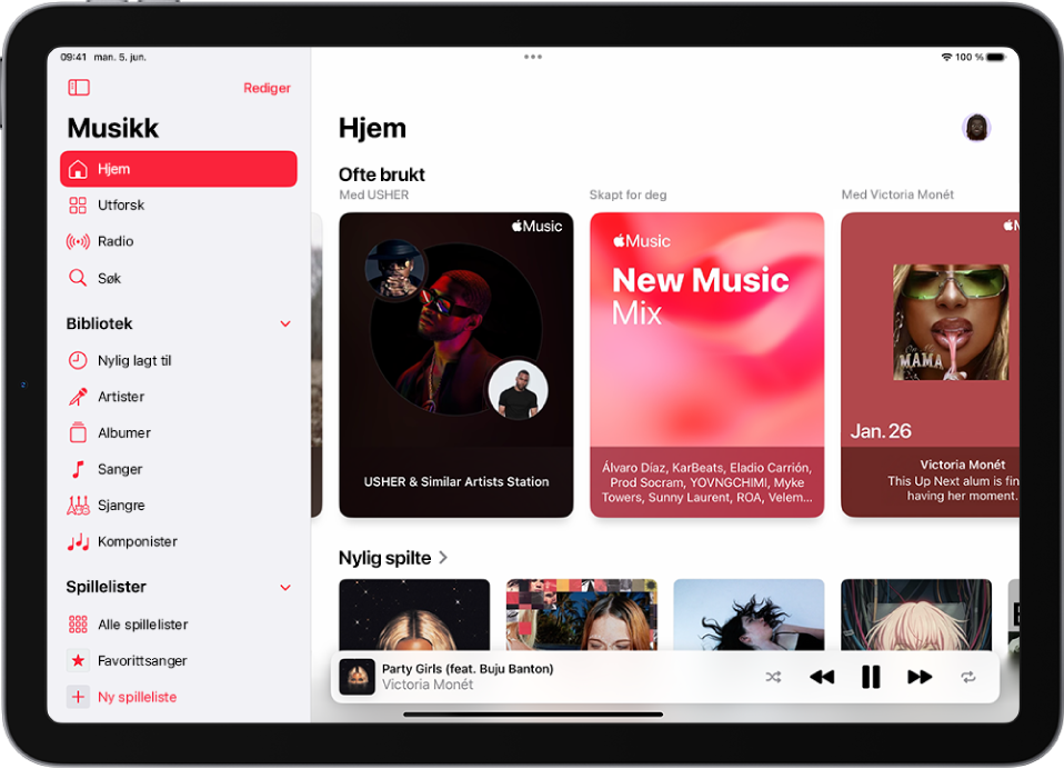 Hjem-skjermen som viser sidepanelet til venstre og Hjem-delen til høyre. Hjem-skjermen som viser Populært øverst. Nylig spilt musikk vises under, med fire albumcovere. Spilleren er nederst til høyre.