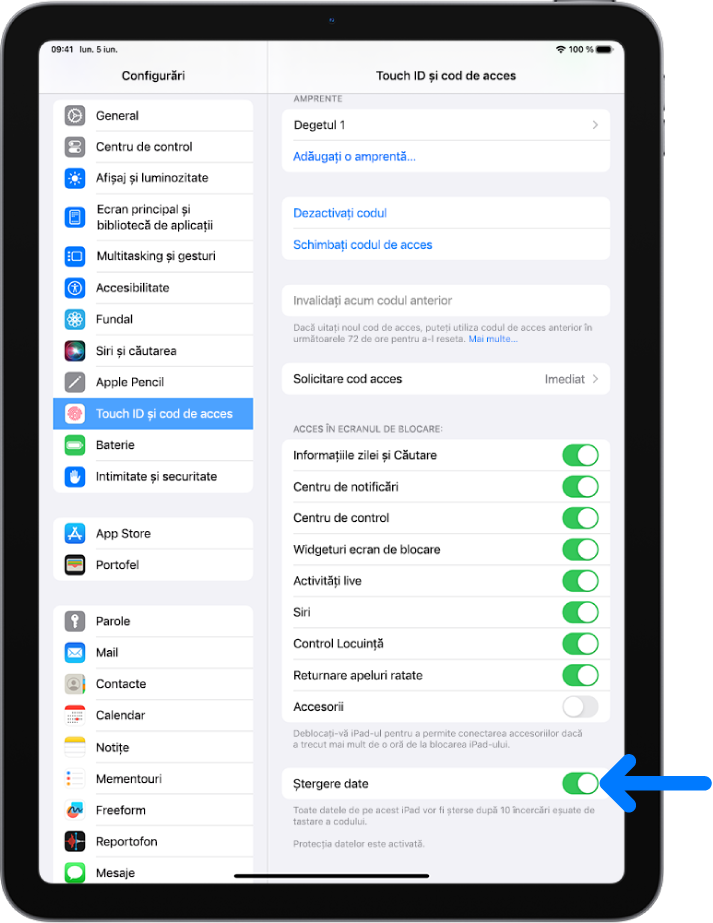 Comanda Ștergere date, aflată în partea de jos a ecranului Touch ID și cod de acces din Configurări.