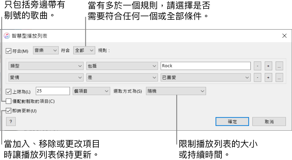 「智慧型播放列表」視窗:在左上角,選擇「符合」,然後指定播放列表條件(例如類型或喜愛)。繼續加入或移除規則;當有多於一個規則時,請選擇是否必須符合任何一個或所有條件。在視窗下半部選擇各種選項,例如限制播放列表的大小或持續時間、僅包含剔選的歌曲,或讓 iTunes 在資料庫中的項目有所更動時即更新播放列表。