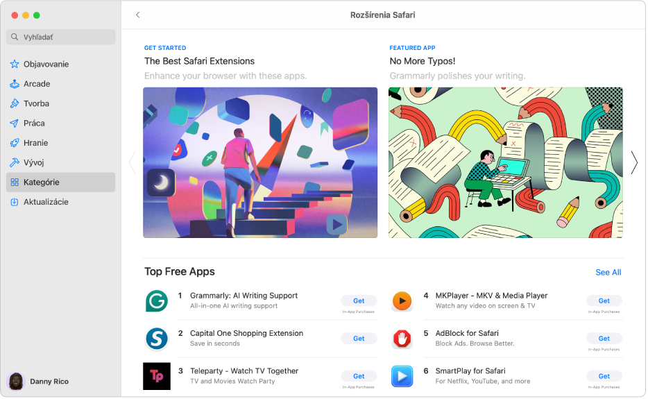 Stránka Rozšírenia Safari v Mac App Store. Postranný panel na ľavej strane obsahuje odkazy na ďalšie stránky: Objavovanie, Tvorba, Práca, Hry, Vývoj, Kategórie a Aktualizácie. Napravo sú dostupné rozšírenia Safari.