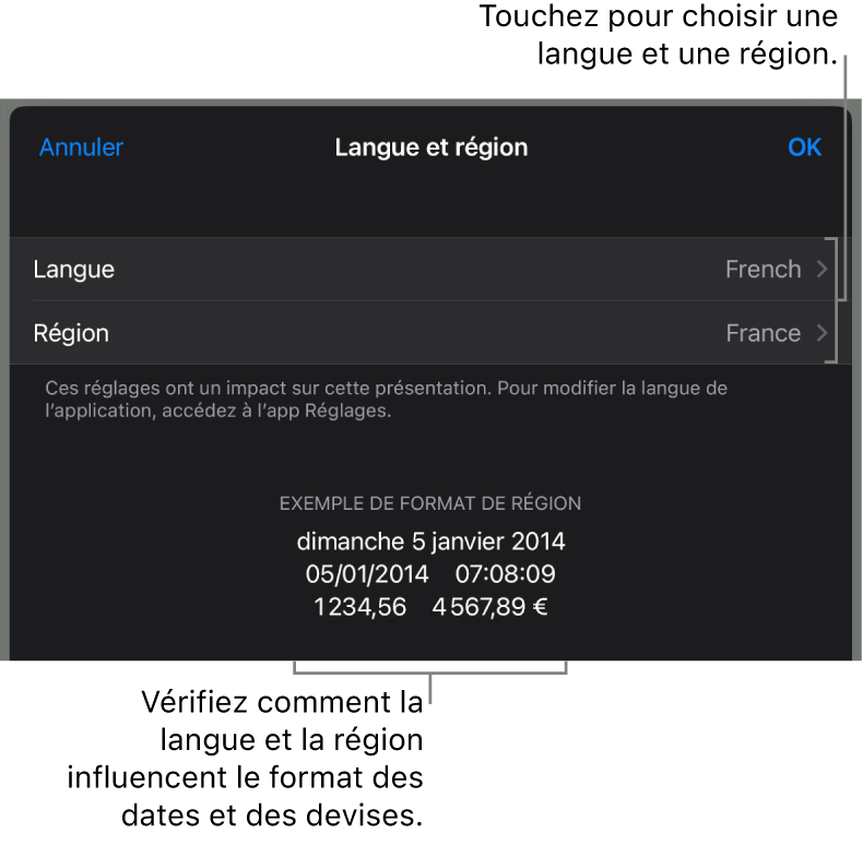 Sous-fenêtre Langue et région avec les commandes pour la langue et la région, et un exemple du format qui comprend la date, l’heure, les décimales et la devise.