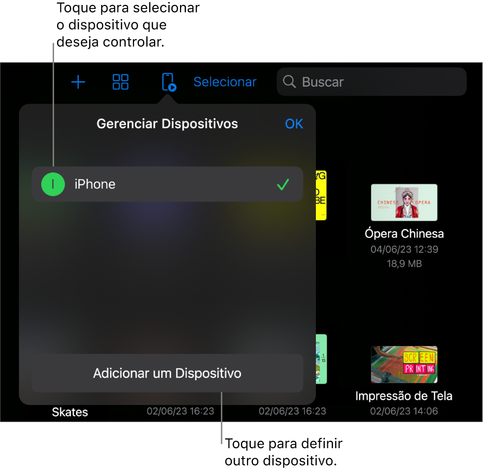 Menu pop-up de “Gerenciar Dispositivos” mostrando o link “Adicionar um Dispositivo”.