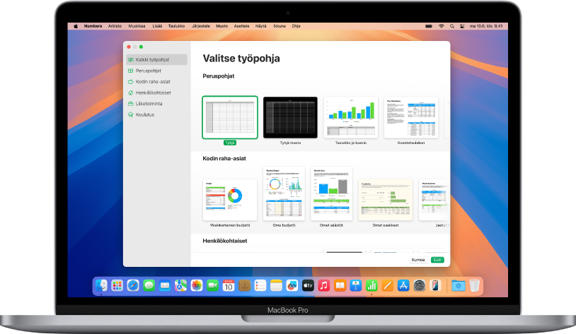 MacBook Pro, jonka näytöllä on avoinna Numbersin työpohjan valitsin. Kaikki työpohjat -kategoria on valittuna vasemmalla, ja oikealla näkyy esimääritettyjä työpohjia riveissä kategorian mukaan.