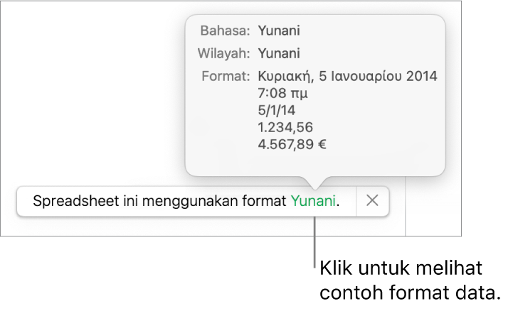 Pemberitahuan pengaturan bahasa dan wilayah yang berbeda, menunjukkan contoh format dalam bahasa dan wilayah tersebut.