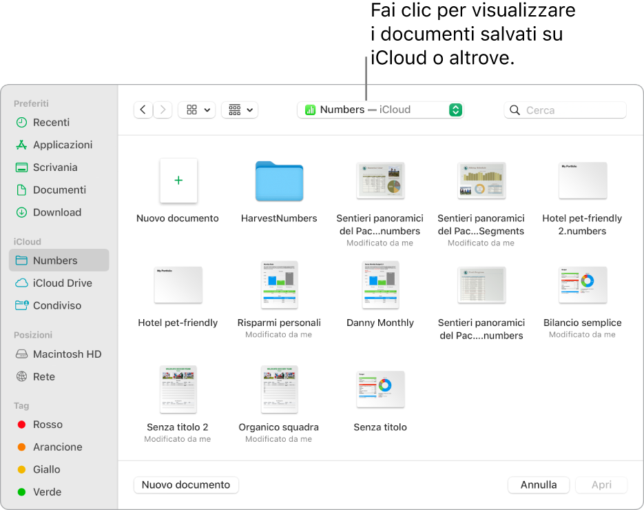 La finestra di dialogo Apri con la barra laterale aperta a sinistra e iCloud Drive selezionato nel menu a comparsa nella parte superiore. Cartelle di Keynote, Numbers e Pages vengono visualizzate nella finestra di dialogo insieme a un pulsante “Nuovo documento”.