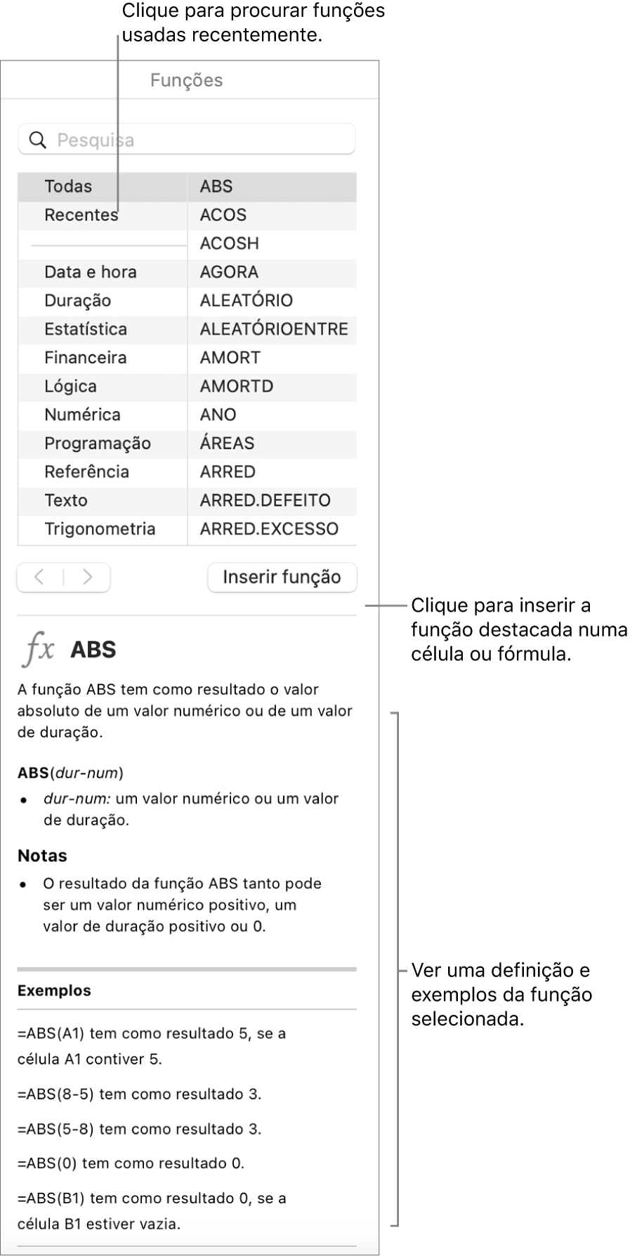 O navegador de funções com chamadas para as funções usadas recentemente, o botão “Inserir função” e a definição da função.