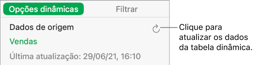 O separador "Opções dinâmicas” a mostrar a opção de atualizar a tabela dinâmica.