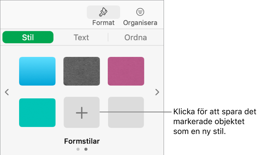 Fliken Stil i formatsidofältet med fyra bildstilar, knappen Skapa stil och en tom stilplatshållare.