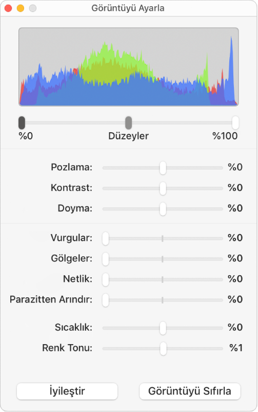 Pozlama, kontrast, doygunluk, vurgu, gölge, netlik, parazitten arındırma, sıcaklık ve renk tonu ayarlama sürgülerinin bulunduğu Görüntüyü Ayarla penceresi.