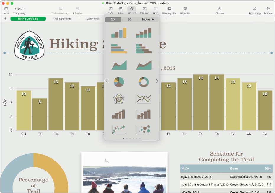Cửa sổ Numbers có menu biểu đồ được mở từ thanh công cụ.