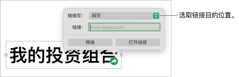 链接编辑器控制,“网页”已选中,“移除”和“打开链接”按钮位于底部。
