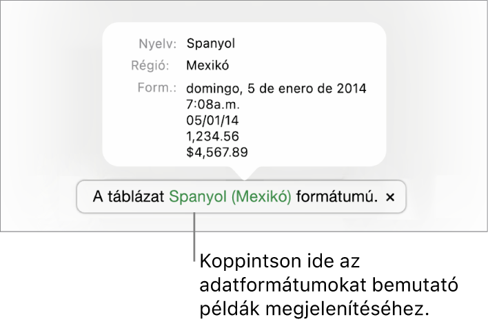 Értesítés az eltérő nyelvi és regionális beállításokról, és látható néhány példa az adott nyelvre és régióra jellemző formátumokra.