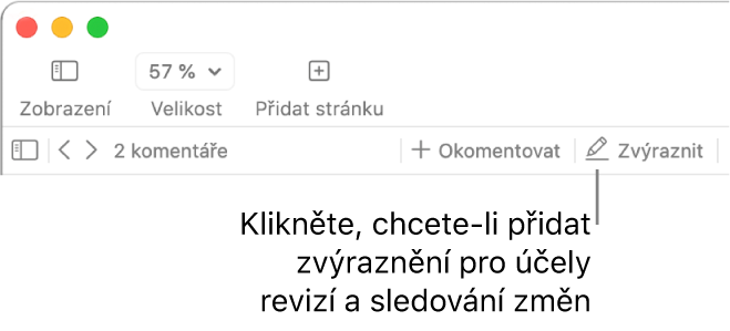 Řádek nabídek s nabídkou Přidat a pod ní panel nástrojů Pages se zobrazenými nástroji pro kontrolu a popiskem u tlačítka Zvýraznit
