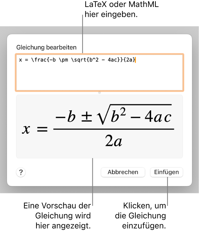 Im Dialogfenster „Gleichung bearbeiten“ wird die quadratische Formel angezeigt, die mit LaTeX in das Feld „Gleichung bearbeiten“ geschrieben wurde, darunter wird eine Vorschau der Formel angezeigt.