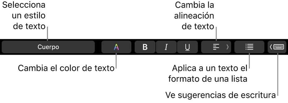 La Touch Bar de la MacBook Pro con controles para elegir el estilo del texto, cambiar el color y la alineación del texto, darle formato como lista y mostrar sugerencias de escritura.
