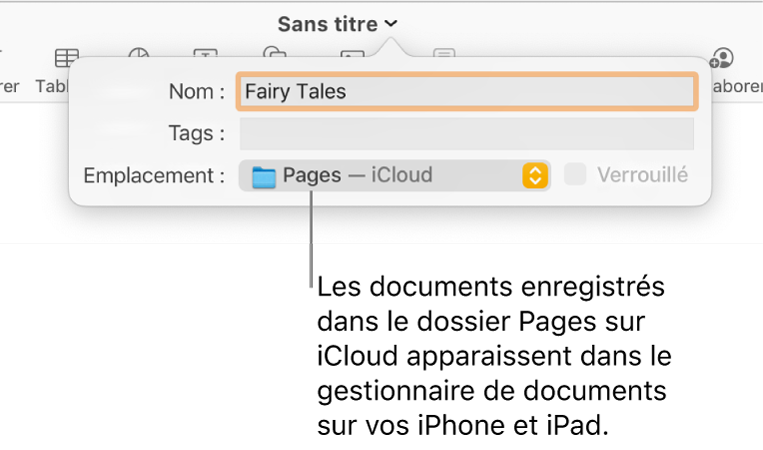Zone de dialogue d’enregistrement d’un document avec Pages (iCloud dans le menu local Emplacement).