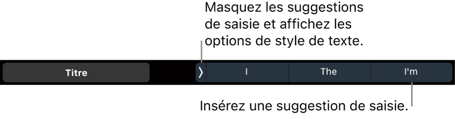 La Touch Bar d’un MacBook Pro présentant les commandes qui permettent de choisir un style de texte, de masquer et d’insérer des suggestions de saisie.