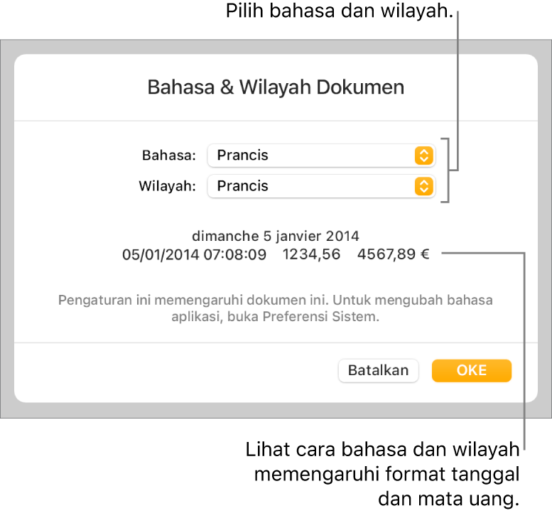 Panel Bahasa & Wilayah dengan kontrol untuk bahasa dan wilayah, serta contoh format termasuk tanggal, waktu, desimal, dan mata uang.