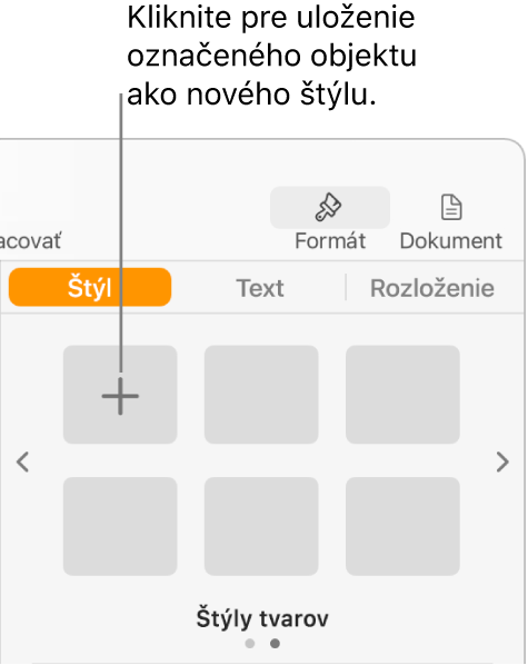 Záložka Štýl postranného panela Formát s tlačidlom Vytvoriť štýl v ľavom hornom rohu a piatimi prázdnymi vzorovými štýlmi.