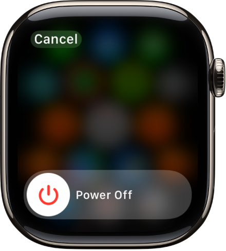 The Apple Watch screen showing the Power Off slider. Drag the slider to turn off Apple Watch.