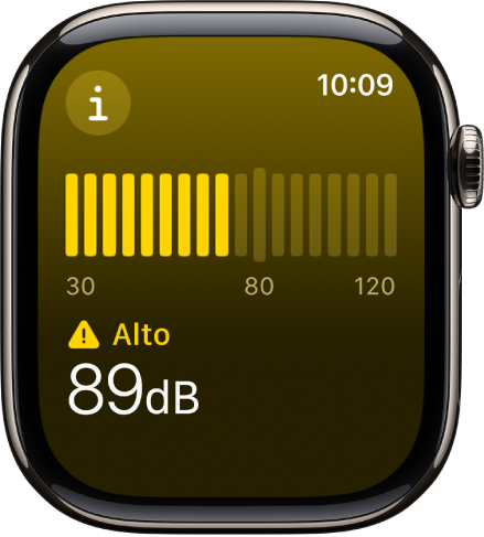 La app Ruido mostrando un medidor de sonido y un nivel de sonido de 89 dB con la palabra Alto arriba.