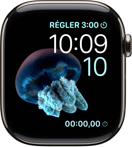 Le cadran Animation qui affiche une méduse. Vous pouvez choisir l’objet de l’animation et ajouter plusieurs complications. Une complication Minuteur en haut à droite, l’heure et la date en dessous et une complication Chronomètre en bas.