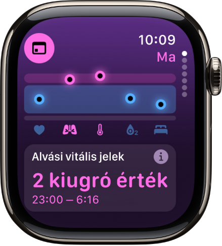 A Vitális jelek app képernyője, amelyen alvás közben rögzített egészségügyi mérőszámok láthatók.