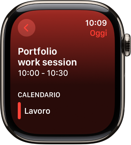 Schermata di Calendario con un nuovo evento. Il nome dell’evento è in alto, mentre sotto è visibile il campo con l’orario. La data dell’evento è in alto a destra. Sotto a Calendario è visibile il nome del calendario a cui appartiene l’evento.