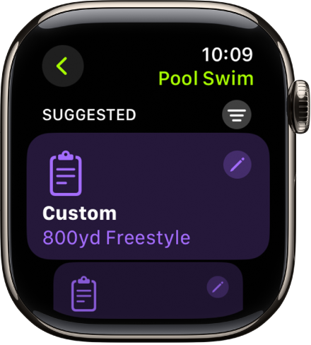 Lietotnes Workout ekrānā redzami pielāgota Pool Swim treniņa iestatījumi.