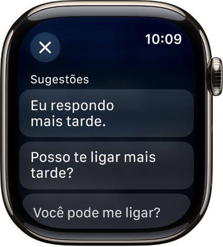 App Mail mostrando três respostas inteligentes.
