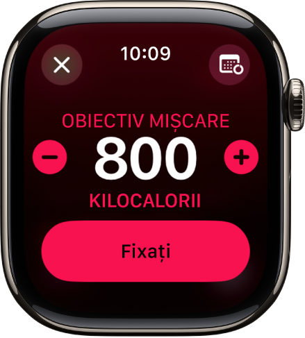 Ecranul pentru modificarea obiectivelor afișând butoanele pentru creșterea sau reducerea obiectivului de mișcare.