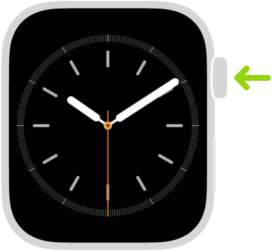 Ilustrácia hodiniek Apple Watch so šípkou ukazujúcou na Digital Crown vpravo hore.