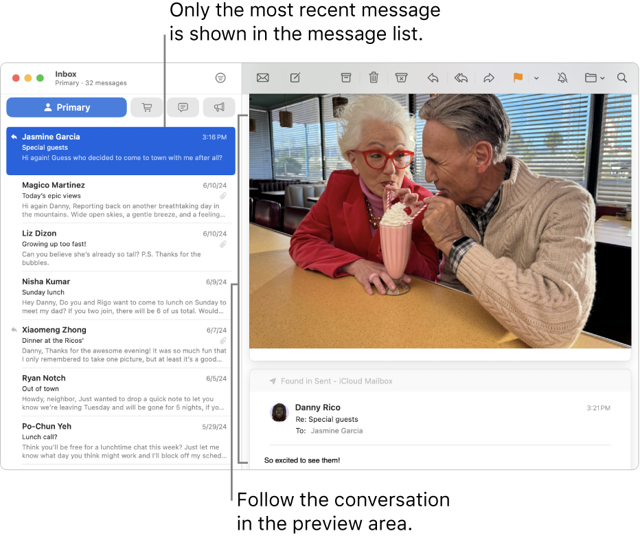 Only the most recent message of a conversation is shown in the message list. A number in the top message indicates how many of the conversation’s messages are in the current mailbox. Follow the conversation in the preview area.