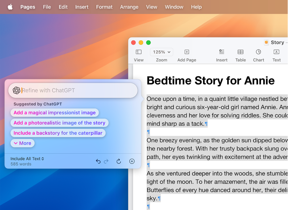 Une fenêtre de l’app Pages affichant un article rédigé à l’aide des outils d’écriture et de l’extension ChatGPT. La zone de dialogue « Améliorer avec ChatGPT » contient des options permettant de décrire une modification, de choisir des suggestions de ChatGPT, d’annuler des actions, de réécrire le texte et d’ajouter une photo ou un document.