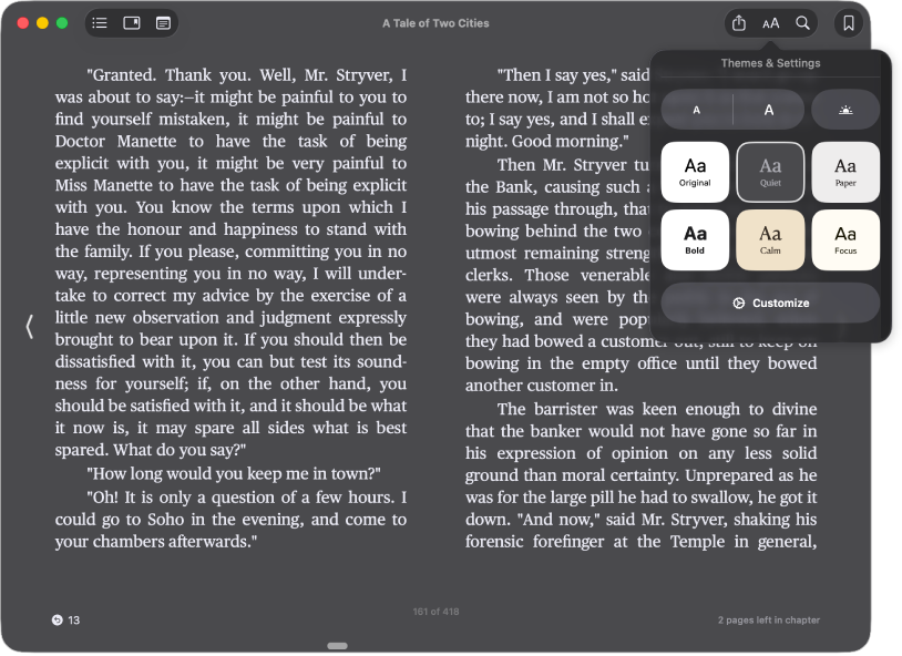 Un llibre amb un aspecte personalitzat i el menú “Aspecte”, que mostra la mida del text, el color de fons i el tipus de lletra seleccionats.