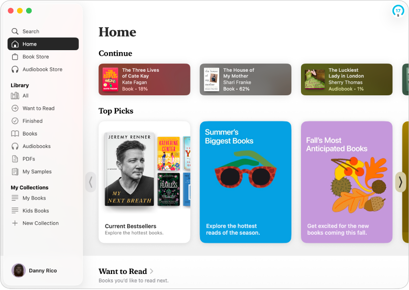 Una finestra de l’app Llibres que mostra la pestanya d’inici seleccionada a la barra lateral i les seccions “Continua” i “Nous llançaments” a la dreta.