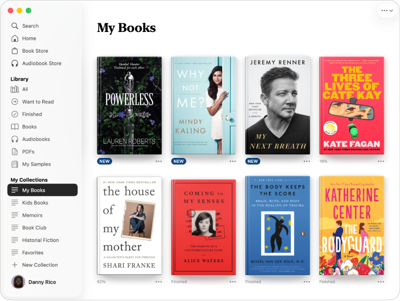 Une fenêtre de l’app Livres qui affiche l’onglet Mes livres sélectionné dans la barre latérale, et la collection de livres choisis spécialement pour vous à droite.