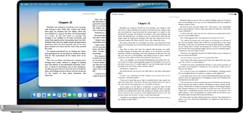 L’écran d’un Mac et celui d’un iPad affichant la même page d’un livre dans l’app Livres.