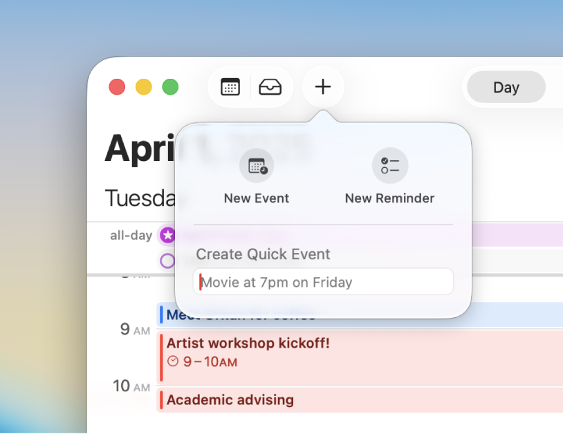 La zone de dialogue « Créer rapidement un événement ».