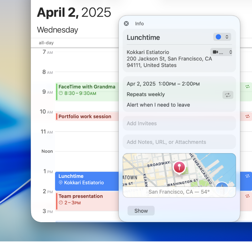 La fenêtre d’informations affichant la fenêtre de l’app Calendrier, avec les détails d’un évènement, notamment l’adresse, la date et un plan, avec des sections pour l’ajout de notes, d’URL et de pièces jointes.