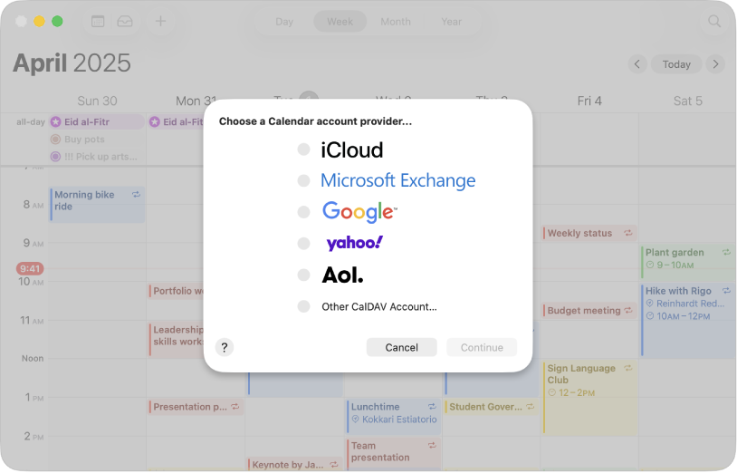 Une fenêtre Calendrier affichant la zone de dialogue du compte.